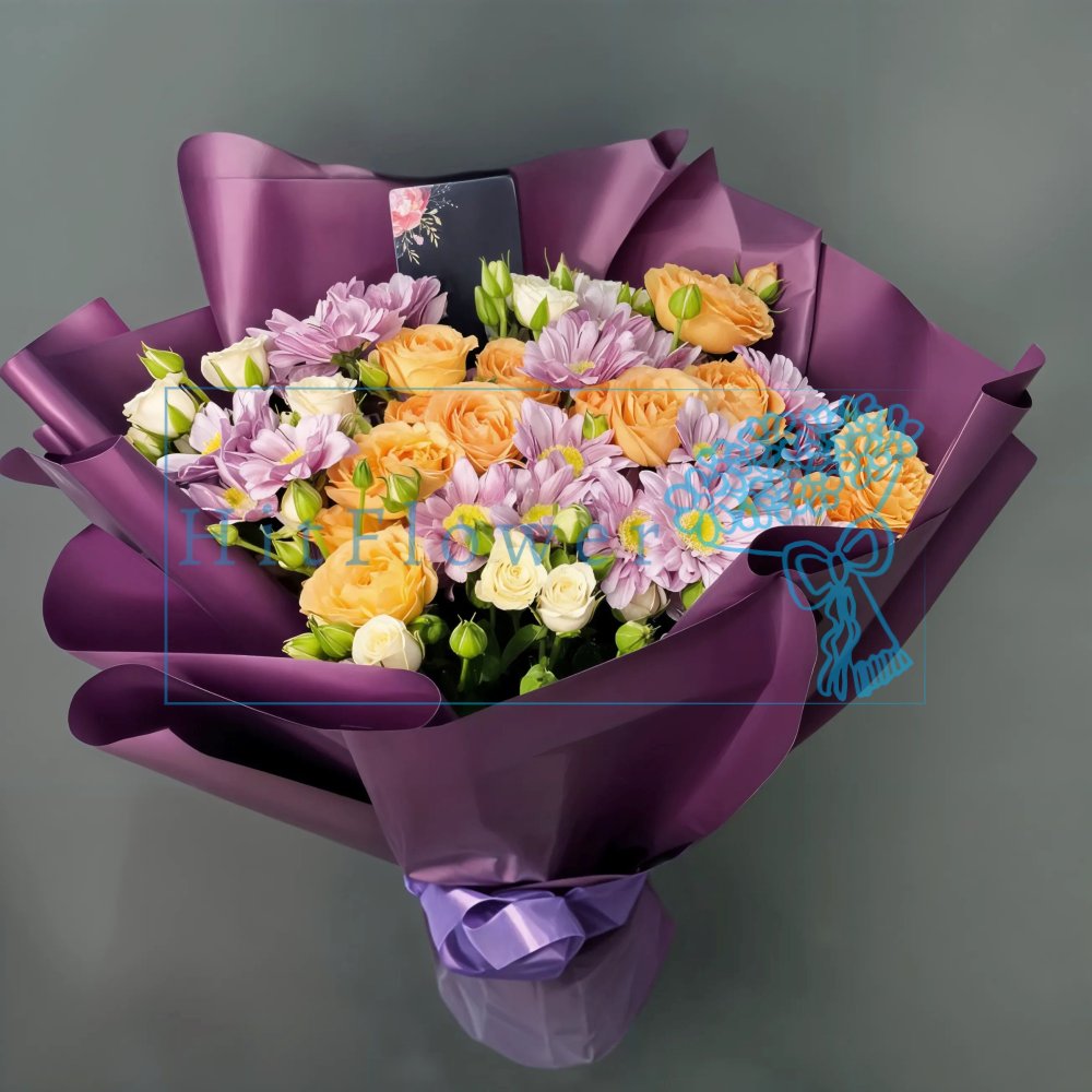 Букет цветов Весенний акварель Букет цветов из: Розы и Хризантемы